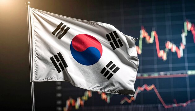 A South Korean flag fluttering in the wind against a backdrop of stock market charts. The flag symbolizes the nation, and the charts suggest economic activity. - Powered by Adobe