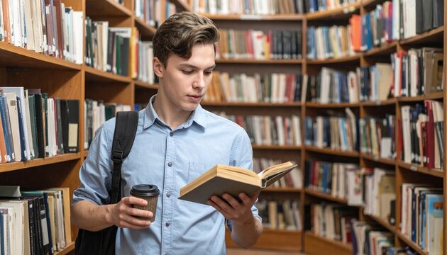 A student reading a book in a library