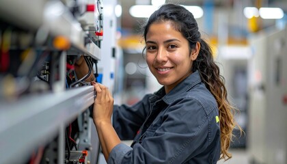 A female engineer confidently smiling while working with electrical equipment