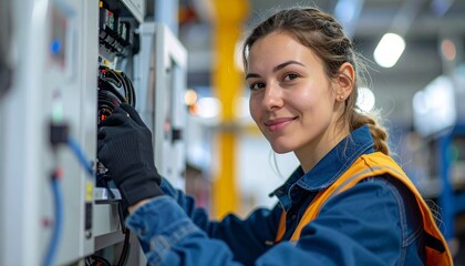 An electrician smiling while working on electrical equipment