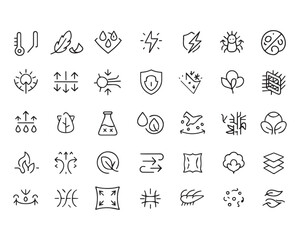 Fototapeta premium Set of outline icons related to fabric features. Linear icon collection