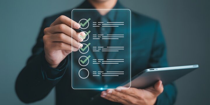 Professional checks off tasks on a digital checklist using a modern tablet for increased productivity