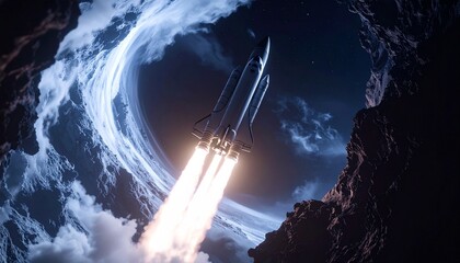 A spacecraft emerging from a wormhole, creating a science fiction scene