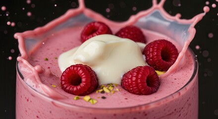 Creamy raspberry dessert with splash effect, garnished with fresh raspberries and crushed nuts on a dark background