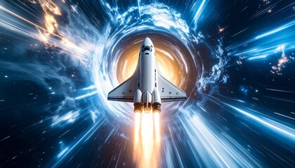 A spaceship journeying through a vibrant wormhole in space. The scene evokes a sense of speed, discovery, and cosmic adventure