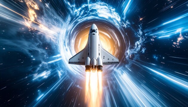 A spaceship journeying through a vibrant wormhole in space. The scene evokes a sense of speed, discovery, and cosmic adventure