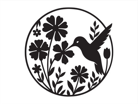 Woman Face Silhouette with Flowers - Black and White Vector Illustration with Red Accent