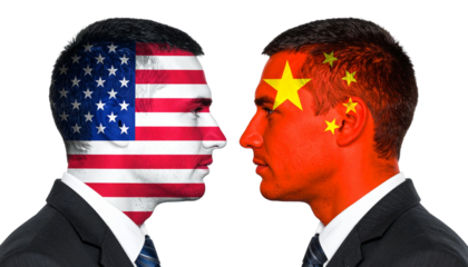 Two men's faces confront each other with the flags of two countries (USA and China) superimposed on them, symbolizing international relations and global dynamics
