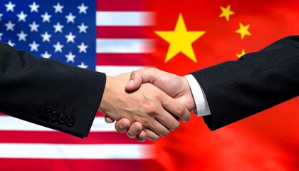 A handshake between business people on the background of United States and Chinese flag