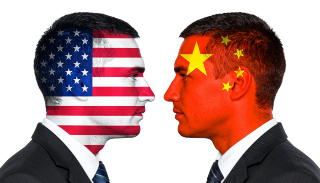 Two men's faces confront each other with the flags of two countries (USA and China) superimposed on them, symbolizing international relations and global dynamics