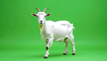 Obraz premium White goat walking forward against a bright green backdrop