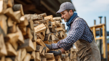 Worker neatly stacking firewood with careful hands, demonstrating tidiness through physical labor for perfect order, ideal for firewood delivery services and homesteading content.