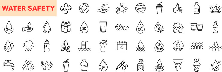 Water Safety and Hygiene Outline Icon Set Featuring Water Drop, Bottle, Hand Wash, Filtration, Clean Glass, Swimming Pool, Rain, Thermometer, Wave, and Purification Elements Icon Design
