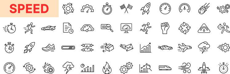 Speed and Performance Outline Icon Set Featuring Stopwatch, Racing Car, Rocket, Speedometer, Jet, Running Man, Download Bar, Acceleration Arrow, and Graph Elements Icon Design