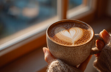 Cup of coffee with heart shape latte art in female hands