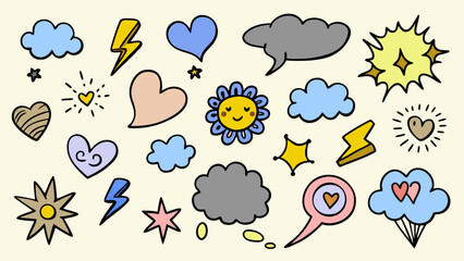 Hand-drawn whimsical doodle collection: hearts, clouds, stars, sun, lightning bolts; pastel color palette; cheerful, playful mood.