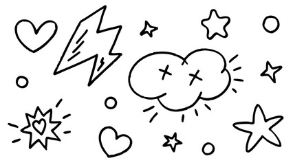 Obraz premium Hand-drawn Doodle Set: Hearts, Stars, Lightning Bolt, and Speech Bubble; Playful, Whimsical, Black and White Illustration.