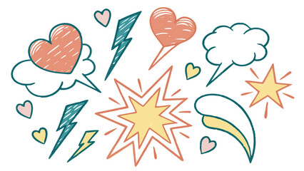 Hand-drawn doodle illustration: hearts, stars, speech bubbles, lightning bolts; playful, whimsical, pastel color palette; positive, energetic mood.