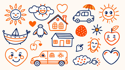 Naklejka premium Happy Childlike Hand-Drawn Icons: Sun, Houses, Vehicles, Fruits, and Hearts; Bright Orange and Navy Blue; Joyful and Playful Mood