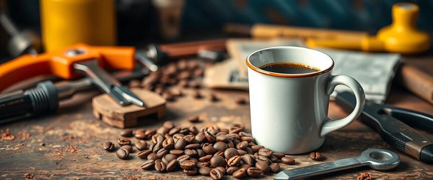 Coffee break maintenance, tools and coffee cup, repair, wrench