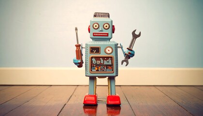 Vintage robot toy holding tools, against a wood floor