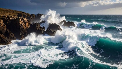 Powerful ocean waves crashing against rocky coast