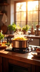 Warm kitchen scene, pasta steaming in pot on stove, sunset light