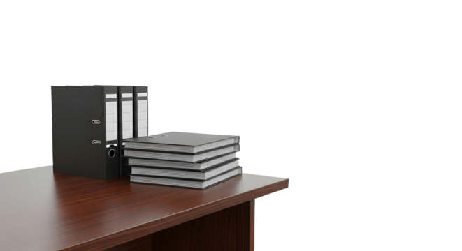 Black binders and stacked books on a wooden desk ring binders