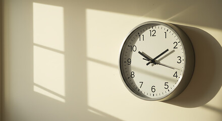 Minimalist wall clock on a sunlit wall, with window shadows indicating the passage of time. Peaceful concept of daily life.