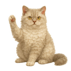 isolated transparent A cream colored British Shorthair cat with curly hair is waving its front paws, which gives the impression of a beckoning cat on White Background PNG die-cut for advertising