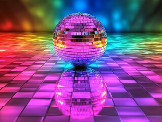 Close-up of a sparkling disco ball reflecting colorful lights onto a dance floor