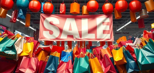 Giant sale banner hanging over overflowing shopping bags, bags, retail therapy