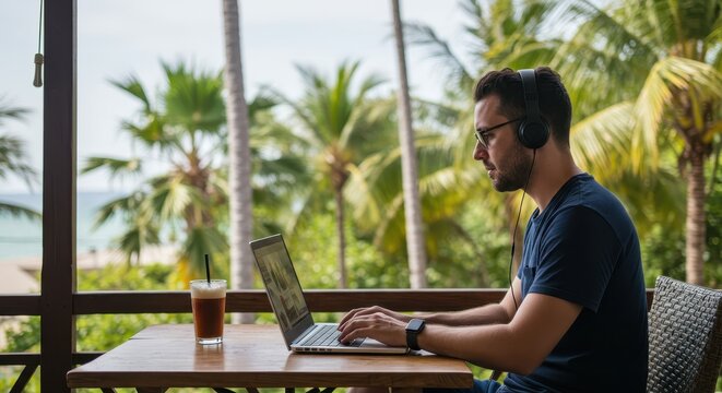 Young man works on laptop in tropical setting, enjoying refreshing beverage, surrounded by palm trees and ocean breeze, emphasizing relaxation and productivity