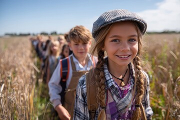 A group of children are walking in a field, with a smiling girl in front. It could illustrate school trips, exploring nature, or rural education.