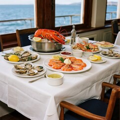 A table filled with steamed lobsters, prawns, scallops and crabs