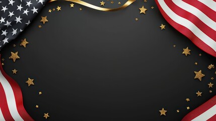 An elegant patriotic border is created by parts of the American flag, golden stars and ribbons, set against a classic black background for the celebration.