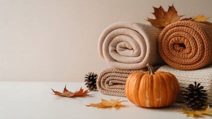 Still life of rolled blankets with pumpkin pine cones and autumn leaves on a white surface
