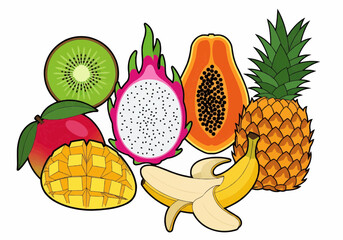 Colorful assortment of tropical fruits, including kiwi, dragon fruit, papaya, pineapple, mango, and banana.