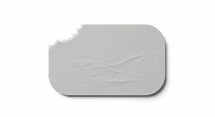 Chewed blank white paper note or label with a bite mark on isolated white background.