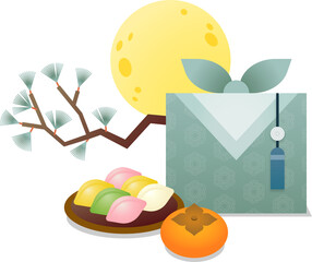 Illustration of various Chuseok elements including gifts, food, and the full moon. A festive Korean Thanksgiving composition with seasonal decorations.