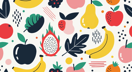 Colorful fruit pattern with abstract shapes and leaves on a white background.
