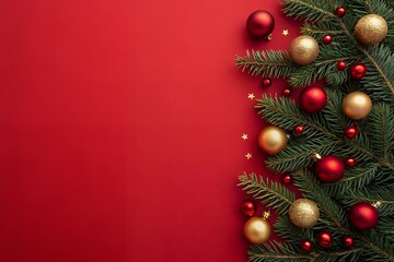 Festive christmas tree branch adorned with red and gold baubles and lights on a vibrant red background
