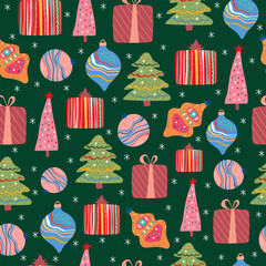 Seamless pattern with Christmas trees, gift boxes and holiday decorations.