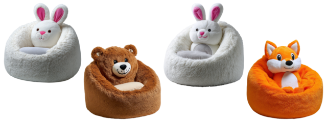 Four cozy animal-shaped bean bag chairs for children.