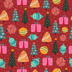 Seamless Christmas or New Year pattern with trees, decorations and gift boxes. Holiday design for wrapping paper or fabric.