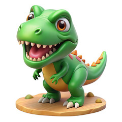Obraz premium 3D Cute green cartoon tyrannosaurus rex dinosaur standing on a wooden platform isolated on transparent background