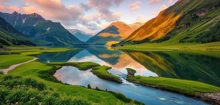 Majestic mountains reflecting in a tranquil river, lush green valley, rocks, peaceful