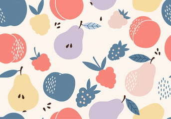 Abstract summer fruit seamless pattern. A modern, artistic design featuring peaches, pears, and berries in a soft pastel color palette.