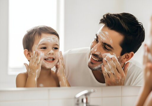 Father and Son Fun with Shaving Cream in Bathroom - Powered by Adobe