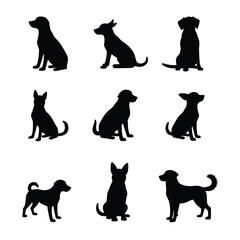 Silhouette Collection Of Nine Dogs In Various Poses Showcases Breeds And Companionship Concept